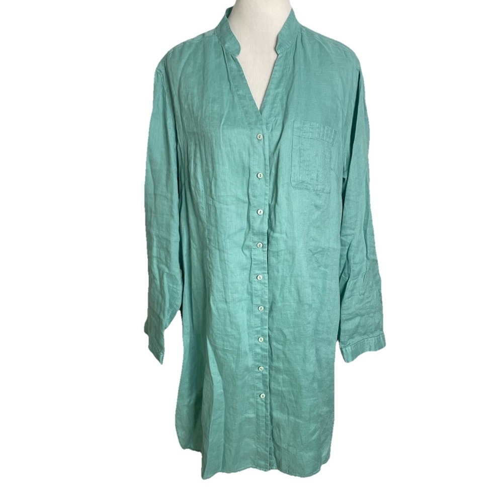 Light Teal Button-Down Linen Tunic Shirt